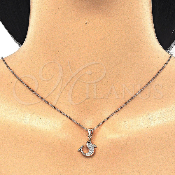Collares con Dije 04.336.0121.1.16 Plata Rodinada, Diseño de Delfín, con Zirconia Cubica Blanca y Negro, Pulido, Tono Rosado (Grosor 02 MM, 16 Pulgadas de Largo)