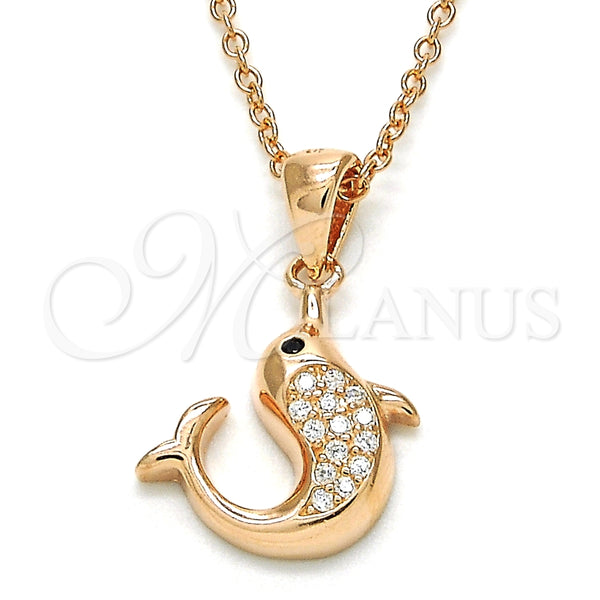 Collares con Dije 04.336.0121.1.16 Plata Rodinada, Diseño de Delfín, con Zirconia Cubica Blanca y Negro, Pulido, Tono Rosado (Grosor 02 MM, 16 Pulgadas de Largo)