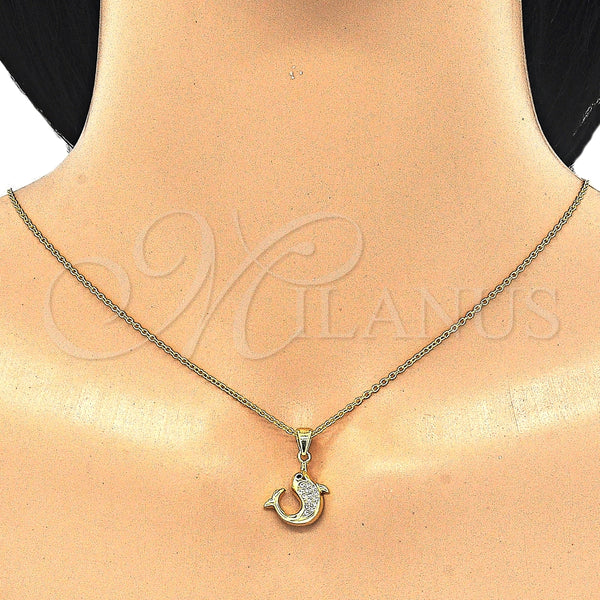 Collares con Dije 04.336.0121.2.16 Plata Rodinada, Diseño de Delfín, con Zirconia Cubica Blanca y Negro, Pulido, Tono Dorado (Grosor 02 MM, 16 Pulgadas de Largo)