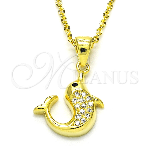 Collares con Dije 04.336.0121.2.16 Plata Rodinada, Diseño de Delfín, con Zirconia Cubica Blanca y Negro, Pulido, Tono Dorado (Grosor 02 MM, 16 Pulgadas de Largo)