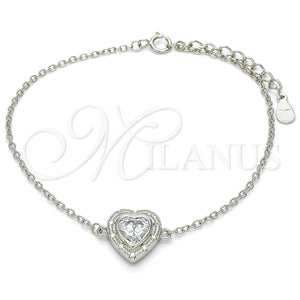 Pulsera Elegante 03.336.0036.07 Plata Rodinada, Diseño de Corazón, con Zirconia Cubica Blanca y Cristal Blanca, Pulido, Rodinado (Grosor 01 MM, 7 Pulgadas de Largo)