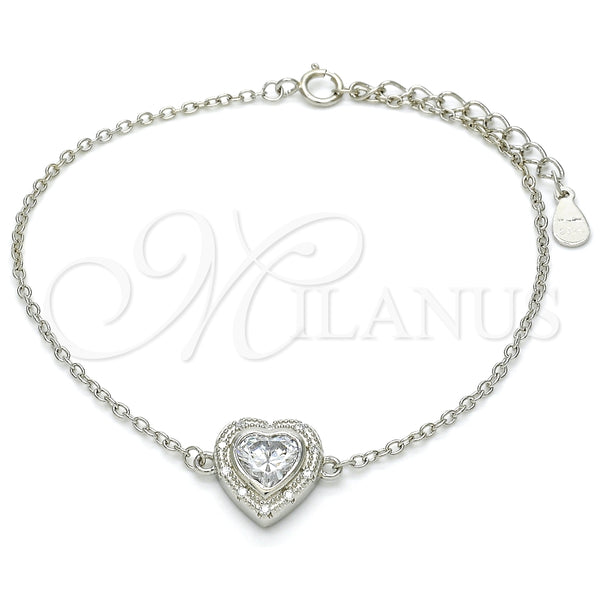 Pulsera Elegante 03.336.0036.07 Plata Rodinada, Diseño de Corazón, con Zirconia Cubica Blanca y Cristal Blanca, Pulido, Rodinado (Grosor 01 MM, 7 Pulgadas de Largo)