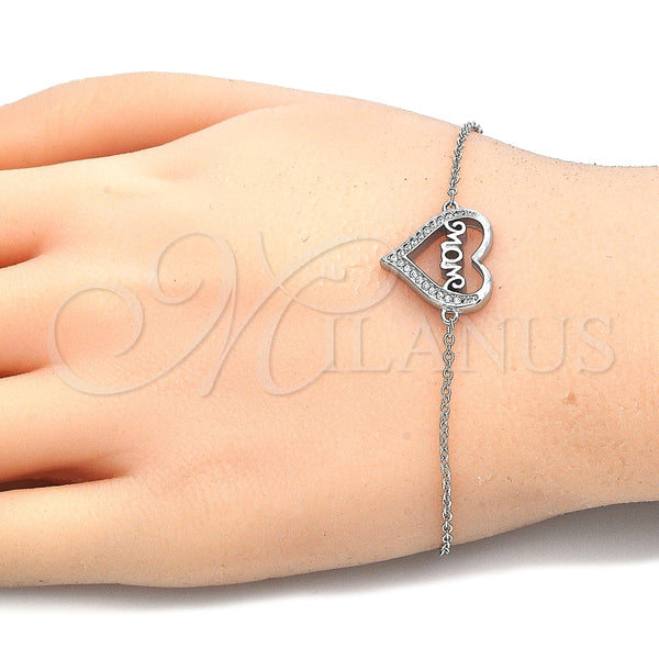 Pulsera Elegante 03.336.0038.07 Plata Rodinada, Diseño de Mama y Corazón, con Zirconia Cubica Blanca, Pulido, Rodinado (Grosor 01 MM, 7 Pulgadas de Largo)