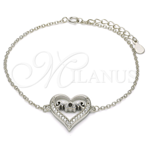 Pulsera Elegante 03.336.0038.07 Plata Rodinada, Diseño de Mama y Corazón, con Zirconia Cubica Blanca, Pulido, Rodinado (Grosor 01 MM, 7 Pulgadas de Largo)