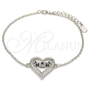Pulsera Elegante 03.336.0038.07 Plata Rodinada, Diseño de Mama y Corazón, con Zirconia Cubica Blanca, Pulido, Rodinado (Grosor 01 MM, 7 Pulgadas de Largo)