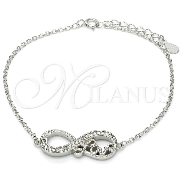 Pulsera Elegante 03.336.0039.07 Plata Rodinada, Diseño de Infinito y Amor, con Zirconia Cubica Blanca, Pulido, Rodinado (Grosor 01 MM, 7 Pulgadas de Largo)
