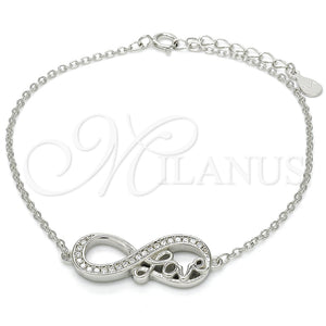 Pulsera Elegante 03.336.0039.07 Plata Rodinada, Diseño de Infinito y Amor, con Zirconia Cubica Blanca, Pulido, Rodinado (Grosor 01 MM, 7 Pulgadas de Largo)
