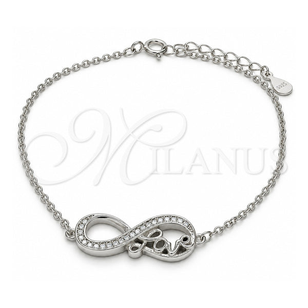 Pulsera Elegante 03.336.0039.07 Plata Rodinada, Diseño de Infinito y Amor, con Zirconia Cubica Blanca, Pulido, Rodinado (Grosor 01 MM, 7 Pulgadas de Largo)
