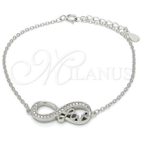 Pulsera Elegante 03.336.0039.07 Plata Rodinada, Diseño de Infinito y Amor, con Zirconia Cubica Blanca, Pulido, Rodinado (Grosor 01 MM, 7 Pulgadas de Largo)