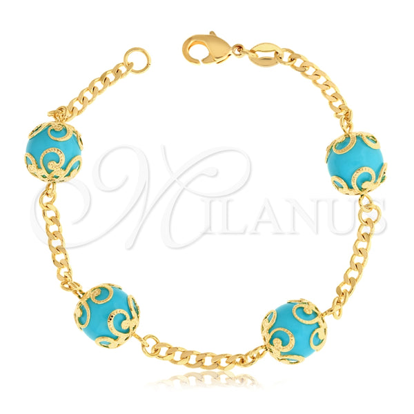 Pulsera Elegante 03.32.0157.1 Oro Laminado, Diseño de Bola y Miami Cubana, con Turquoise Cristal, Pulido, Tono Dorado (04 MM Thickness, 7 Inches Length)
