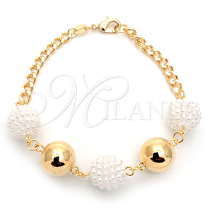 Pulsera Elegante 03.32.0158 Oro Laminado, Diseño de Bola y Miami Cubana, con Blanca Perla, Pulido, Tono Dorado (04 MM Thickness, 7 Inches Length)