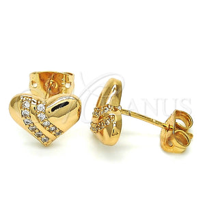 Arete Dormilona 02.213.0143 Oro Laminado, Diseño de Corazón, con Blanca Micro Pave, Pulido, Tono Dorado