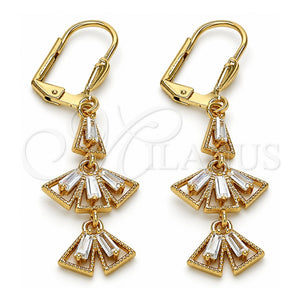 Arete Largo 02.323.0065 Oro Laminado, Diseño de Baguette, con Blanca Zirconia Cubica, Pulido, Tono Dorado