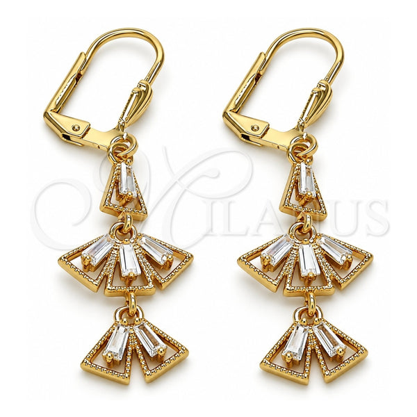 Arete Largo 02.323.0065 Oro Laminado, Diseño de Baguette, con Blanca Zirconia Cubica, Pulido, Tono Dorado