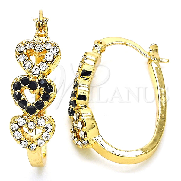 Argolla Pequeña 02.100.0096.1.20 Oro Laminado, Diseño de Corazón, con Negro and Blanca Cristal, Pulido, Tono Dorado