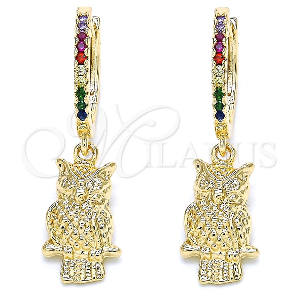 Argolla Huggie 02.63.2668.3.20 Oro Laminado, Diseño de Búho, con Multicolor Zirconia Cubica, Pulido, Tono Dorado