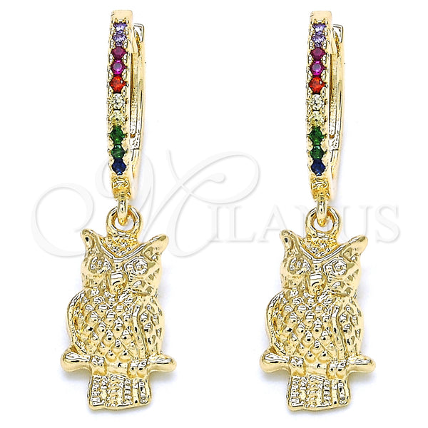 Argolla Huggie 02.63.2668.3.20 Oro Laminado, Diseño de Búho, con Multicolor Zirconia Cubica, Pulido, Tono Dorado