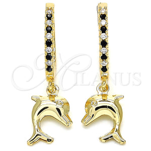 Argolla Huggie 02.63.2670.2.20 Oro Laminado, Diseño de Delfín, con Negro Zirconia Cubica and Blanca Cristal, Pulido, Tono Dorado