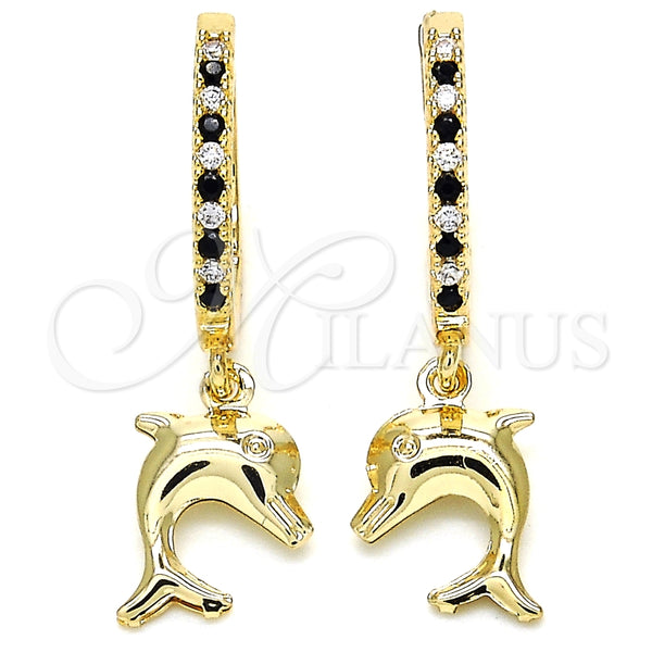 Argolla Huggie 02.63.2670.2.20 Oro Laminado, Diseño de Delfín, con Negro Zirconia Cubica and Blanca Cristal, Pulido, Tono Dorado