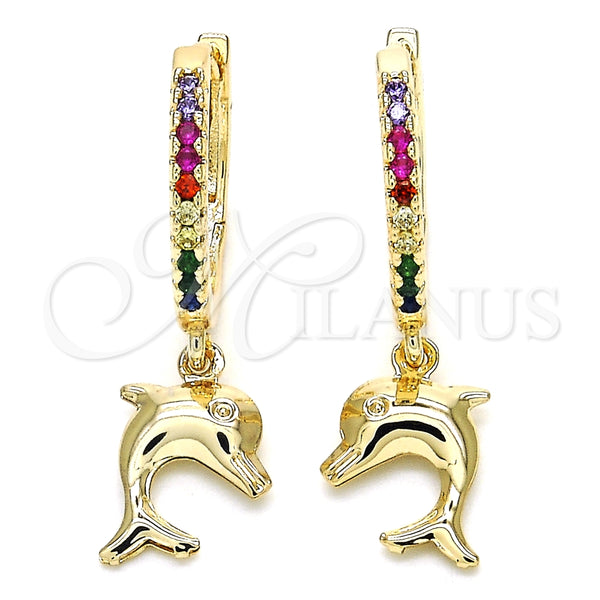 Argolla Huggie 02.63.2670.3.20 Oro Laminado, Diseño de Delfín, con Multicolor Zirconia Cubica, Pulido, Tono Dorado