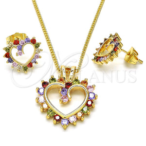 Juego de Arete y Dije de Adulto 10.316.0015.2 Oro Laminado, Diseño de Corazón, con Multicolor Zirconia Cubica, Pulido, Tono Dorado