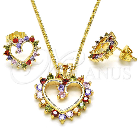 Juego de Arete y Dije de Adulto 10.316.0015.2 Oro Laminado, Diseño de Corazón, con Multicolor Zirconia Cubica, Pulido, Tono Dorado