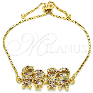Pulsera Bolo Ajustable 03.316.0020.1.10 Oro Laminado, Diseño de Niñita Pequeña y Niñito Pequeño, con Multicolor Zirconia Cubica, Pulido, Tono Dorado (01 MM Thickness, 10 Inches Length)