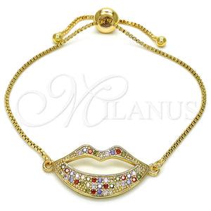 Pulsera Bolo Ajustable 03.316.0027.10 Oro Laminado, Diseño de Labios, con Multicolor Zirconia Cubica, Pulido, Tono Dorado (01 MM Thickness, 10 Inches Length)