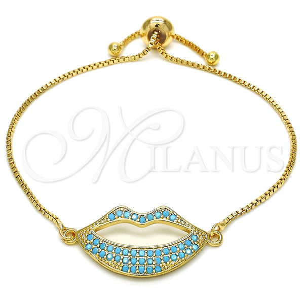Pulsera Bolo Ajustable 03.316.0027.1.10 Oro Laminado, Diseño de Labios, con Turquoise Zirconia Cubica, Pulido, Tono Dorado (01 MM Thickness, 10 Inches Length)
