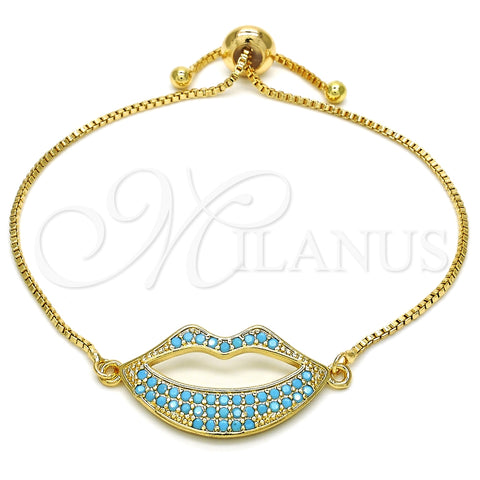 Pulsera Bolo Ajustable 03.316.0027.1.10 Oro Laminado, Diseño de Labios, con Turquoise Zirconia Cubica, Pulido, Tono Dorado (01 MM Thickness, 10 Inches Length)