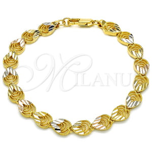Pulsera Elegante 03.100.0053.1.08 Oro Laminado, Diseño de Corazón y Gota, Pulido, Tres Tonos (08 MM Thickness, 8 Inches Length)