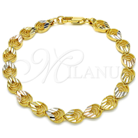 Pulsera Elegante 03.100.0053.1.08 Oro Laminado, Diseño de Corazón y Gota, Pulido, Tres Tonos (08 MM Thickness, 8 Inches Length)