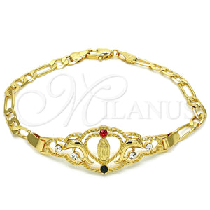 Pulsera Elegante 03.253.0034.1.08 Oro Laminado, Diseño de Corazón y Guadalupe, con Multicolor Cristal, Pulido, Tono Dorado (05 MM Thickness, 8 Inches Length)
