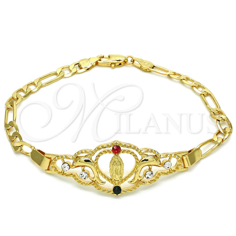 Pulsera Elegante 03.253.0034.1.08 Oro Laminado, Diseño de Corazón y Guadalupe, con Multicolor Cristal, Pulido, Tono Dorado (05 MM Thickness, 8 Inches Length)