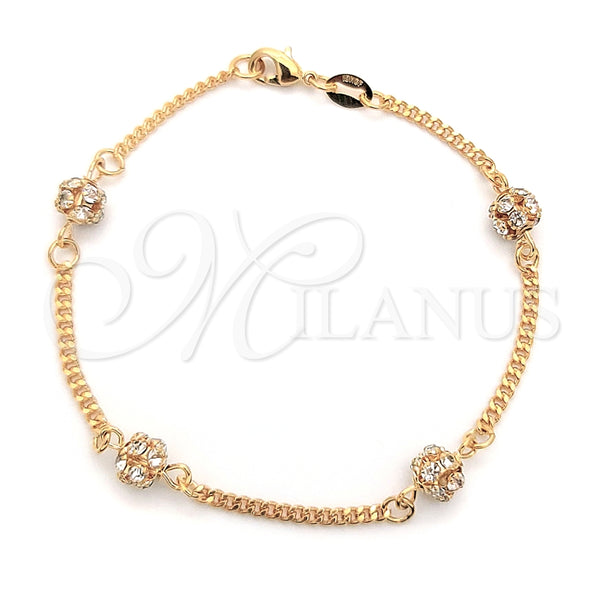 Pulsera Elegante 03.32.0170.07 Oro Laminado, Diseño de Bola y Miami Cubana, con Blanca Zirconia Cubica, Pulido, Tono Dorado (03 MM Thickness, 7 Inches Length)