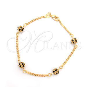Pulsera Elegante 03.32.0170.07.2 Oro Laminado, Diseño de Bola y Miami Cubana, con Negro Zirconia Cubica, Pulido, Tono Dorado (03 MM Thickness, 7 Inches Length)