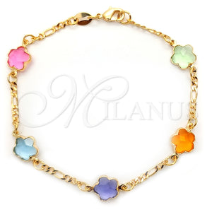 Pulsera Elegante 03.32.0179.07 Oro Laminado, Diseño de Flor y Figaro, con Multicolor Cristal, Pulido Multicolor, Tono Dorado (05 MM Thickness, 7 Inches Length)