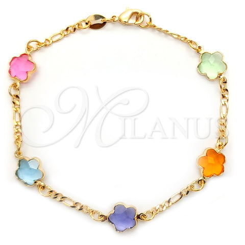 Pulsera Elegante 03.32.0179.07 Oro Laminado, Diseño de Flor y Figaro, con Multicolor Cristal, Pulido Multicolor, Tono Dorado (05 MM Thickness, 7 Inches Length)