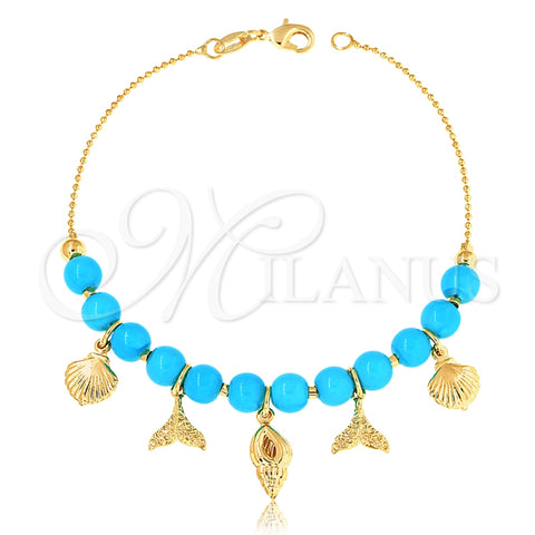 Pulsera de Dije 03.32.0183.07 Oro Laminado, Diseño de Pescado, con Turquoise Perla, Pulido Azul, Tono Dorado (01 MM Thickness, 7 Inches Length)