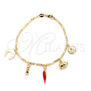 Pulsera de Dije 03.32.0184.07 Oro Laminado, Diseño de Manos y Angel, Esmaltado Rojo, Tono Dorado (05 MM Thickness, 7 Inches Length)