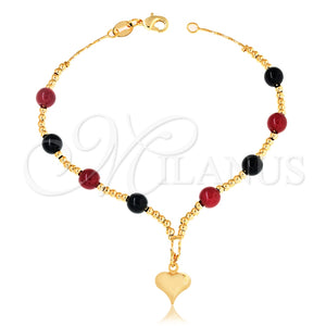 Pulsera de Dije 03.32.0187.07 Oro Laminado, Diseño de Corazón y Bola, con Negro Azavache and Granate Perla, Pulido Multicolor, Tono Dorado (03 MM Thickness, 7 Inches Length)