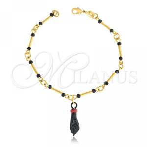 Pulsera de Dije 03.32.0189.06 Oro Laminado, Diseño de Manos y Bambu, con Negro Azavache, Cepillado, Tono Dorado (02 MM Thickness, 6 Inches Length)