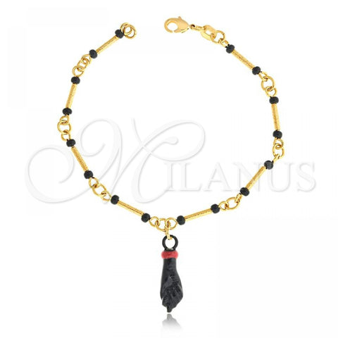 Pulsera de Dije 03.32.0189.06 Oro Laminado, Diseño de Manos y Bambu, con Negro Azavache, Cepillado, Tono Dorado (02 MM Thickness, 6 Inches Length)