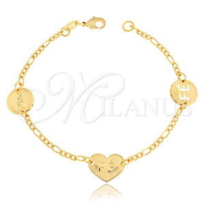 Pulsera Elegante 03.32.0198.07 Oro Laminado, Diseño de Corazón y Figaro, Pulido, Tono Dorado (03 MM Thickness, 7 Inches Length)