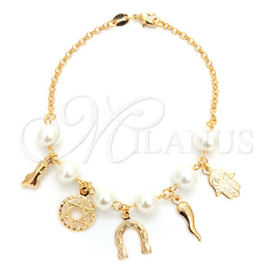 Pulsera de Dije 03.32.0201.07 Oro Laminado, Diseño de Manos y Candado, con Marfil Perla, Pulido Blanco, Tono Dorado (03 MM Thickness, 7 Inches Length)