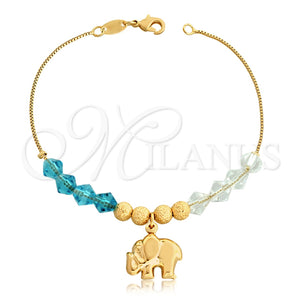 Pulsera de Dije 03.32.0202.07 Oro Laminado, Diseño de Elefante y Box, con Blanca and Aqua Azul Cristal, Pulido, Tono Dorado (06 MM Thickness, 7 Inches Length)