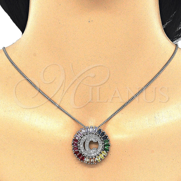 Collares con Dije 04.210.0008.3.20 Rodio Laminado, Diseño de Iniciales, con Zirconia Cubica Multicolor, Pulido, Rodinado (Grosor 02 MM, 20 Pulgadas de Largo)