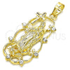 Dije Religioso 05.213.0058 Oro Laminado, Diseño de Guadalupe y Cruz, con Blanca Zirconia Cubica, Pulido, Tono Dorado