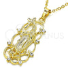 Dije Religioso 05.213.0058 Oro Laminado, Diseño de Guadalupe y Cruz, con Blanca Zirconia Cubica, Pulido, Tono Dorado