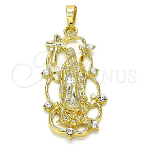 Dije Religioso 05.213.0058 Oro Laminado, Diseño de Guadalupe y Cruz, con Blanca Zirconia Cubica, Pulido, Tono Dorado